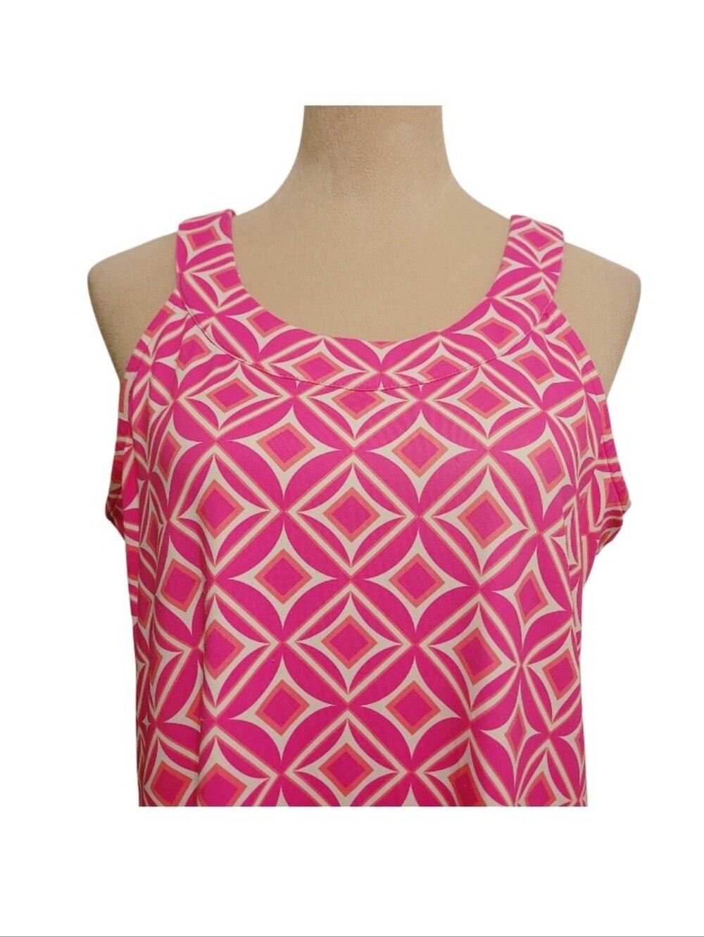 Lulu-B Women's SZ Large Pink Geometric Ruffle Hem Dress Stretch Coastal Grandma - Picture 3 of 10